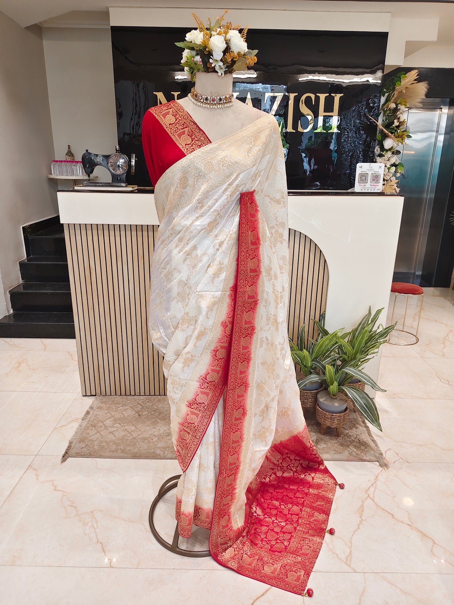 Off White & Red Dola Silk Saree