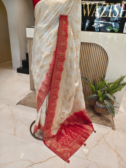 Off White & Red Dola Silk Saree