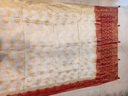 Off White & Red Dola Silk Saree