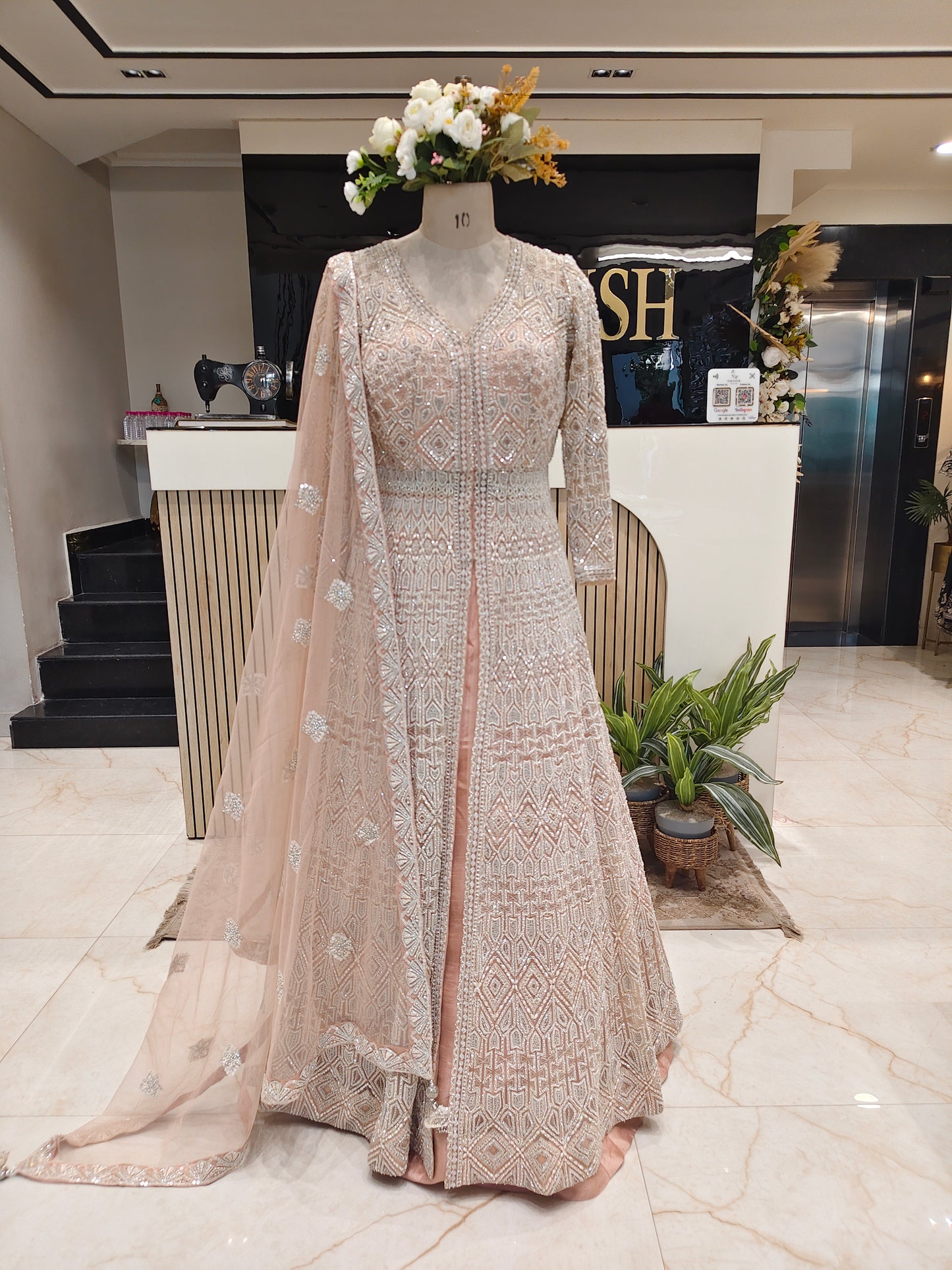 Peach Handcrafted Net Anarkali Set