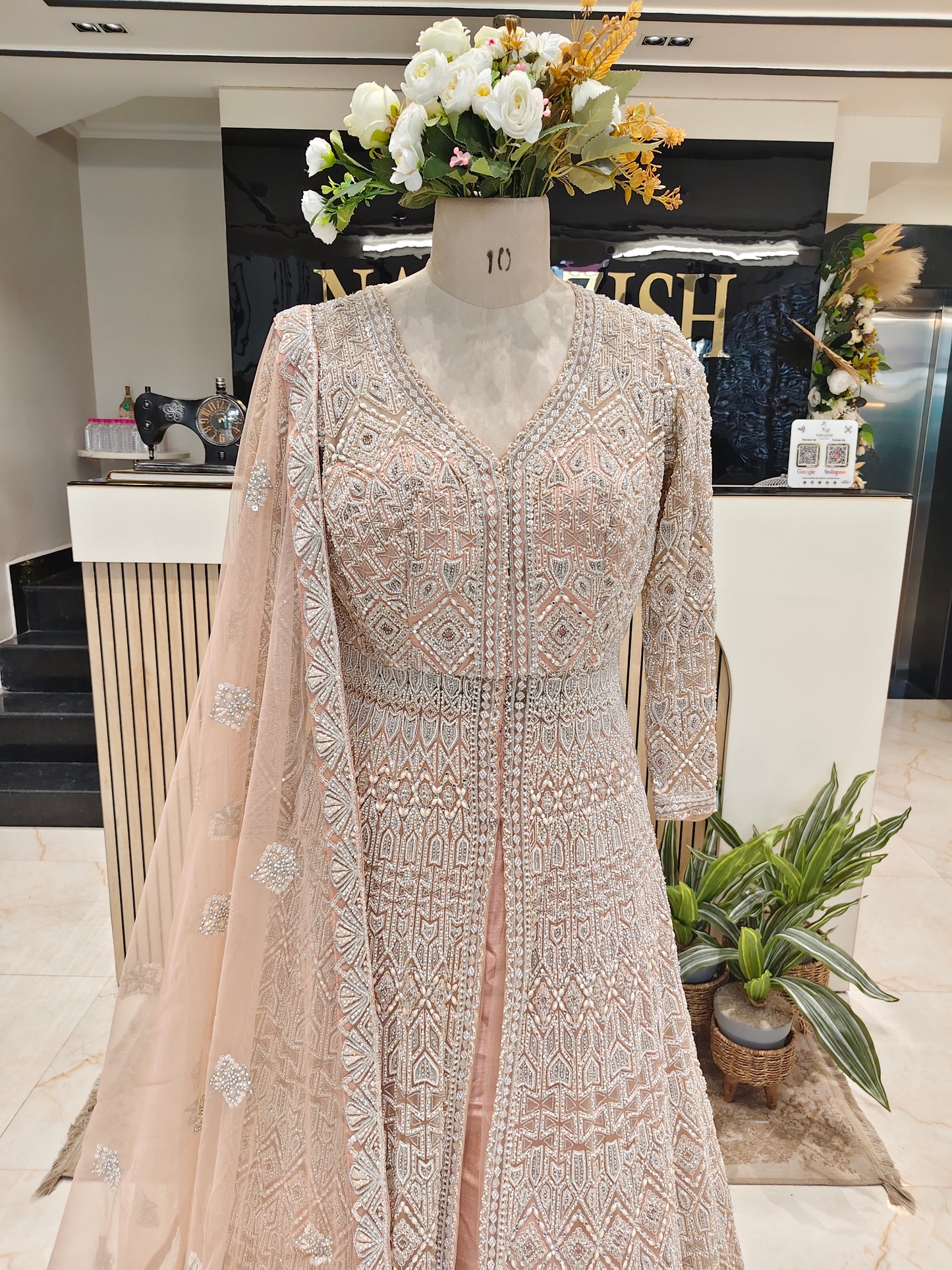 Peach Handcrafted Net Anarkali Set