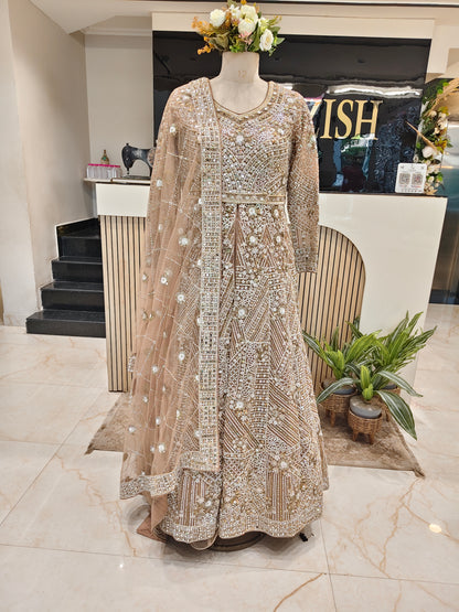 Beige Mirror Glow Net Anarkali