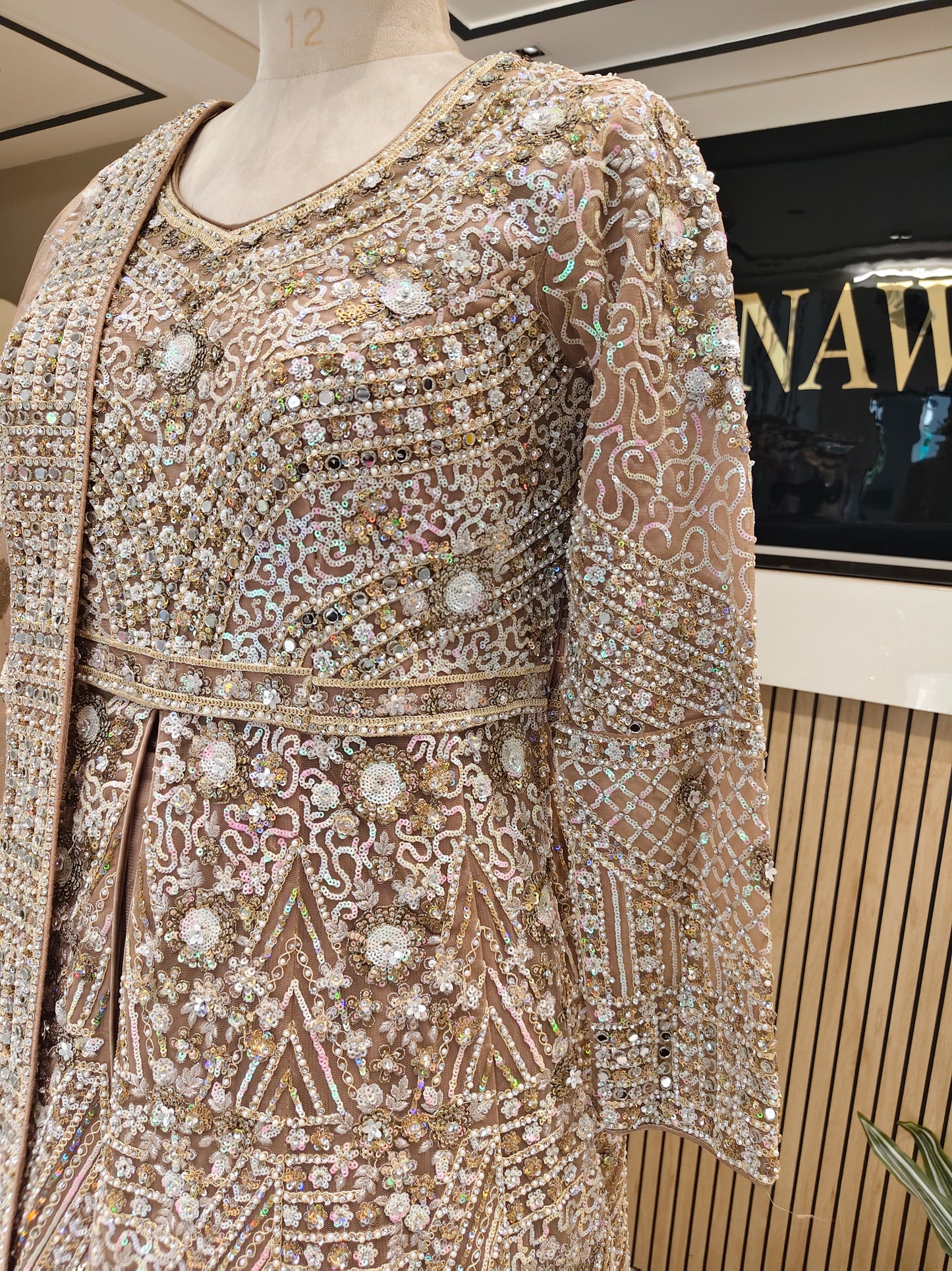 Beige Mirror Glow Net Anarkali