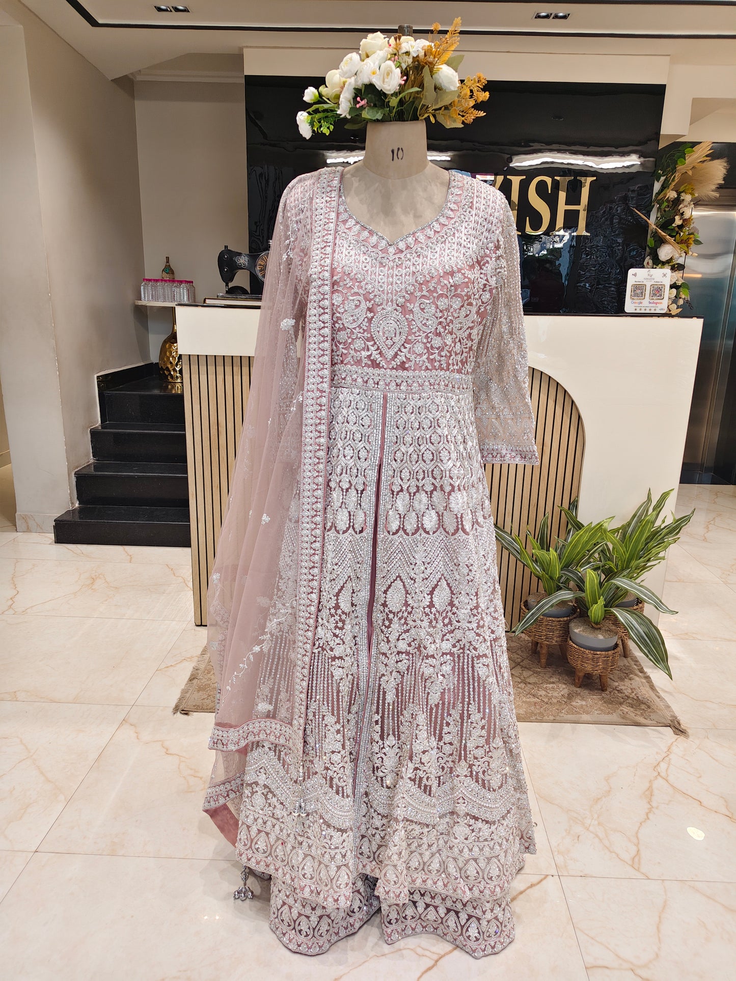 Rose Gold Dori Stonework Net Anarkali