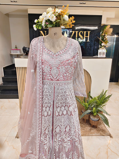 Rose Gold Dori Stonework Net Anarkali