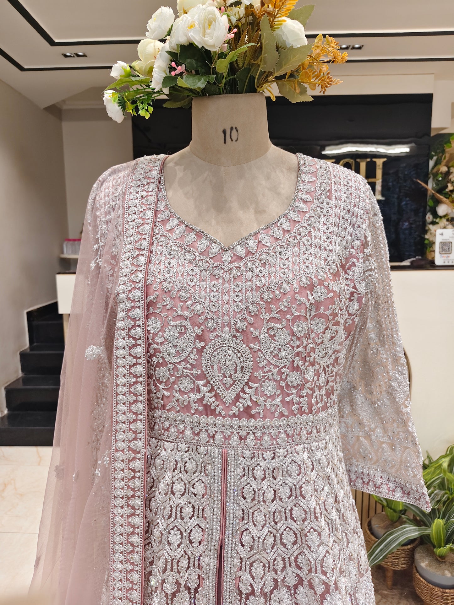Rose Gold Dori Stonework Net Anarkali