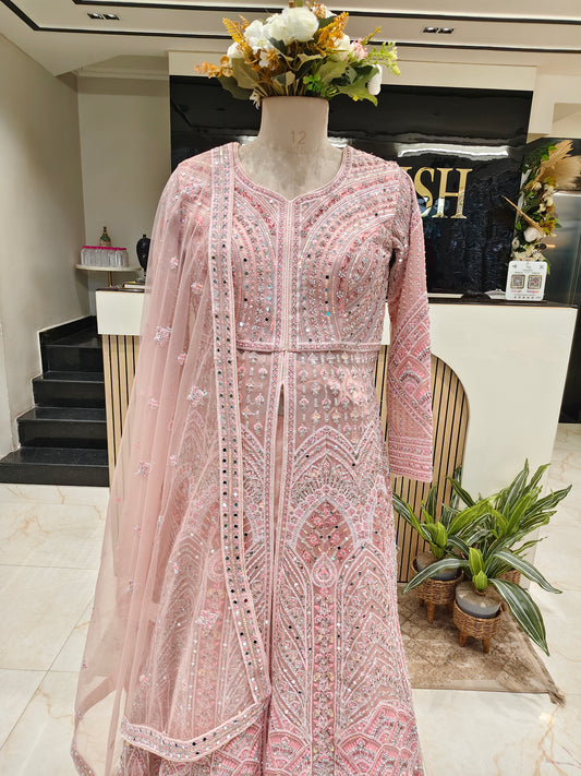 Baby Pink Mirror Handwork Net Anarkali