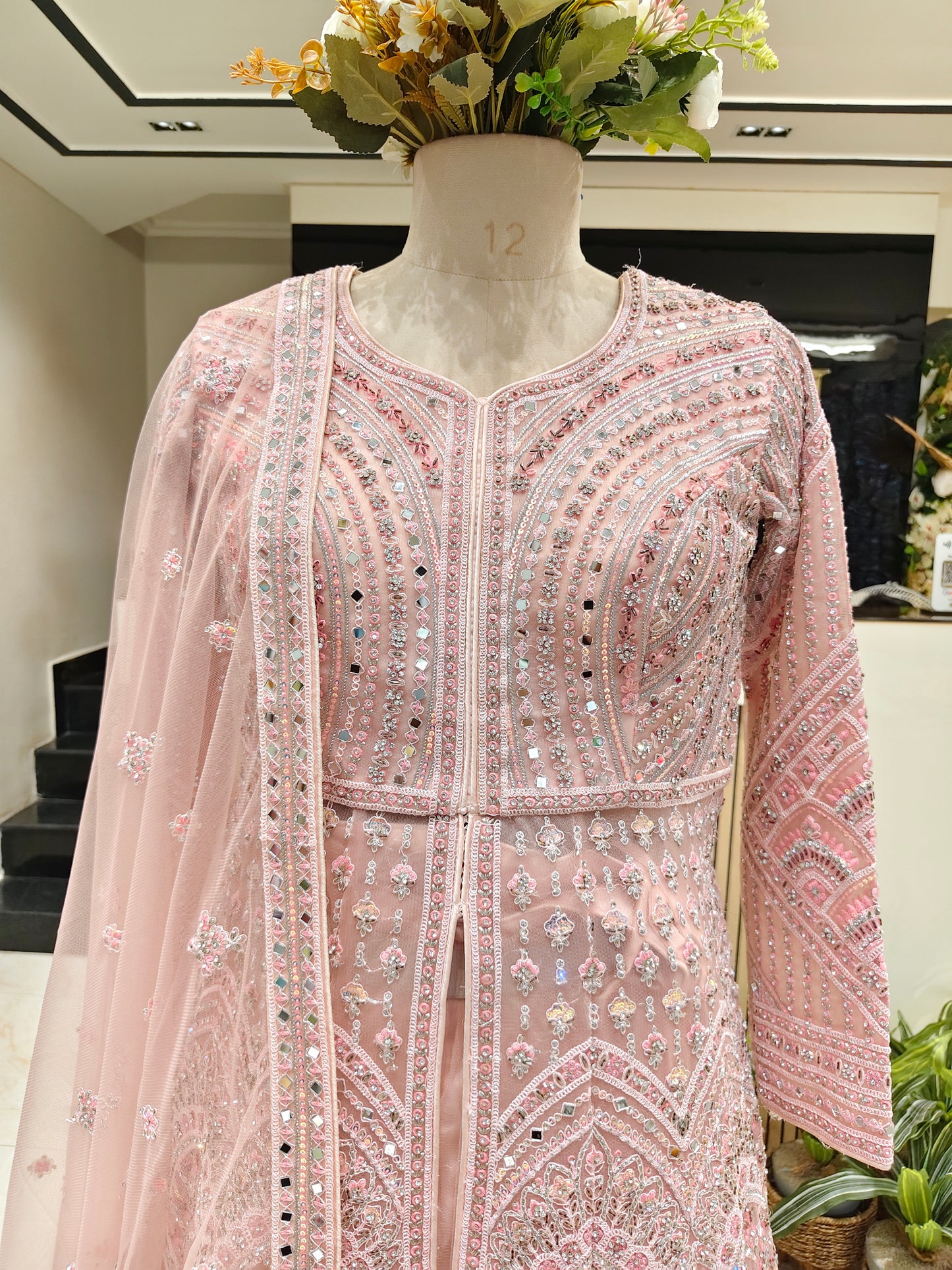 Baby Pink Mirror Handwork Net Anarkali