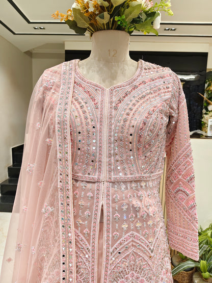 Baby Pink Mirror Handwork Net Anarkali