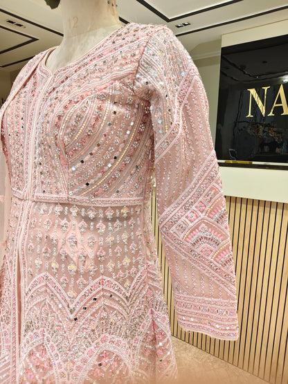 Baby Pink Mirror Handwork Net Anarkali