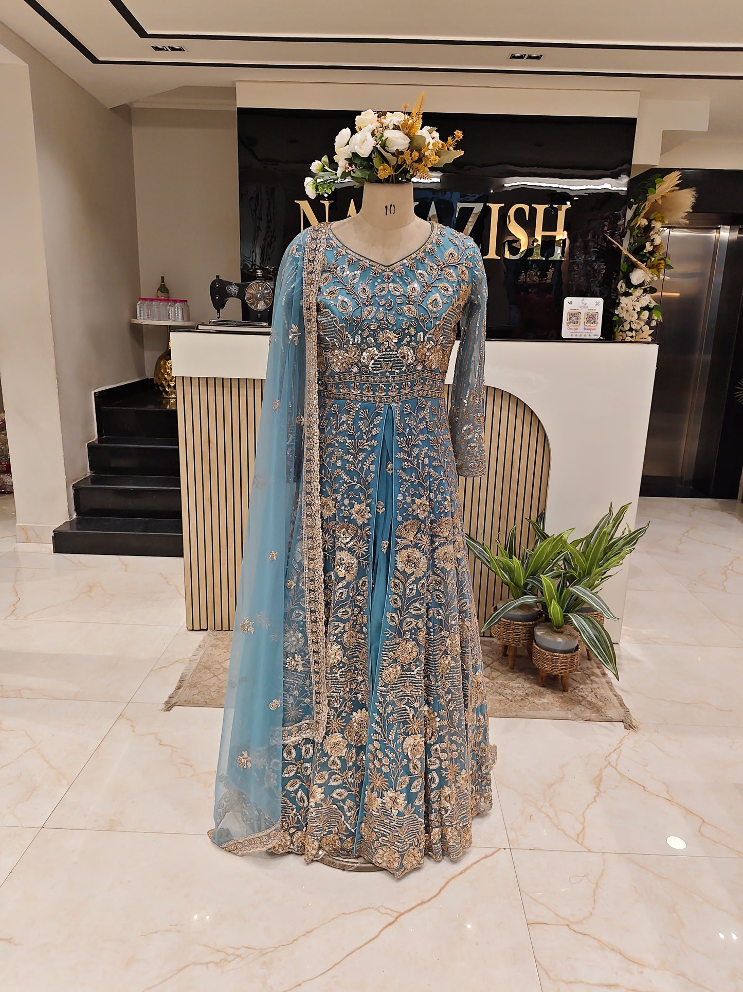 Teal Blue Handcrafted Net Anarkali