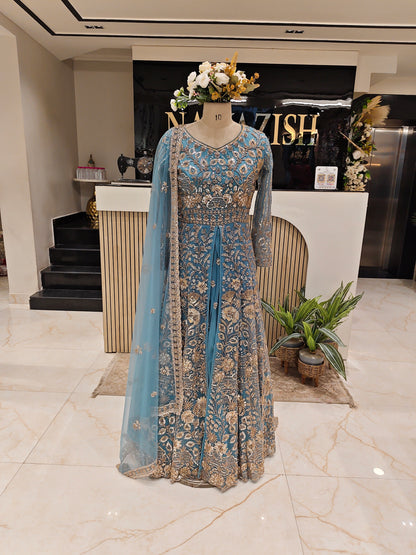 Teal Blue Handcrafted Net Anarkali