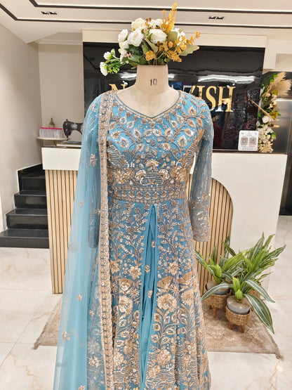 Teal Blue Handcrafted Net Anarkali