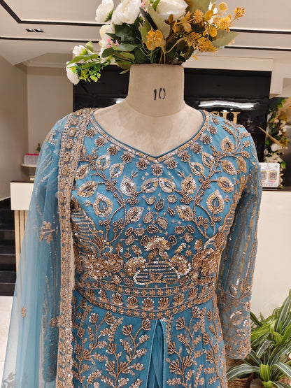 Teal Blue Handcrafted Net Anarkali