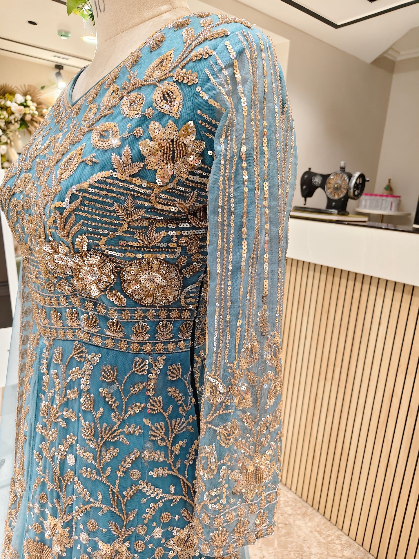 Teal Blue Handcrafted Net Anarkali