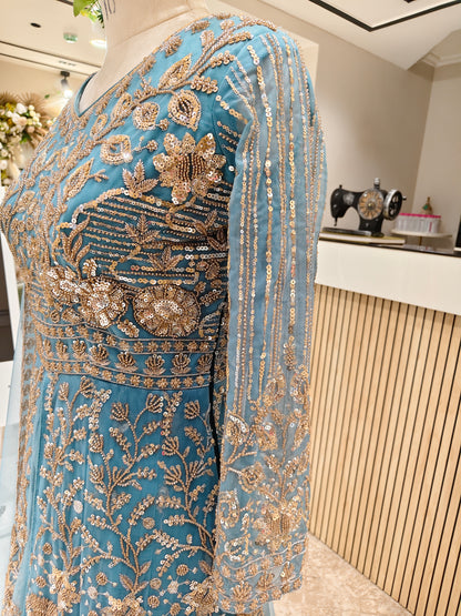 Teal Blue Handcrafted Net Anarkali
