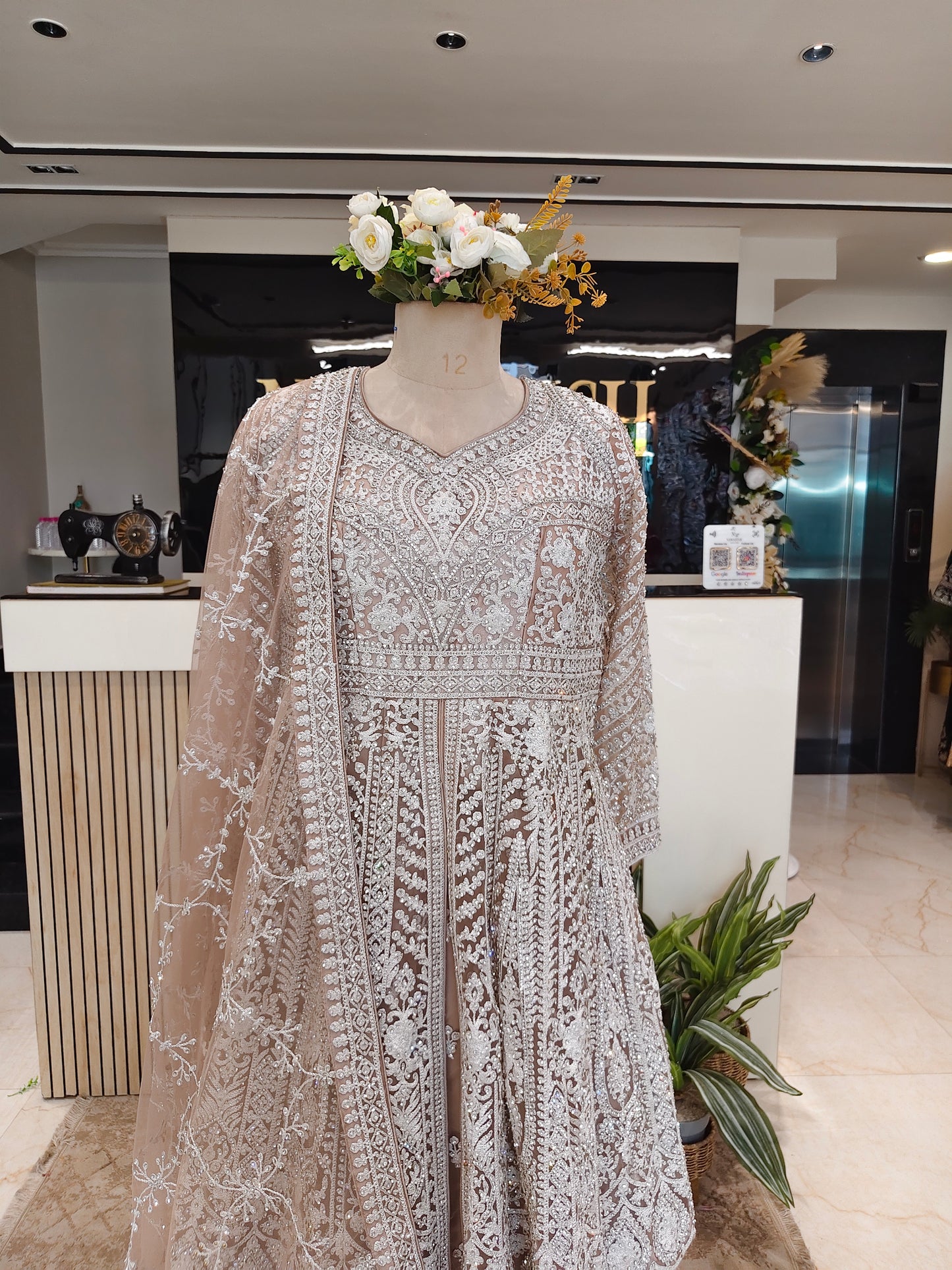 Beige Peplum Anarkali Set