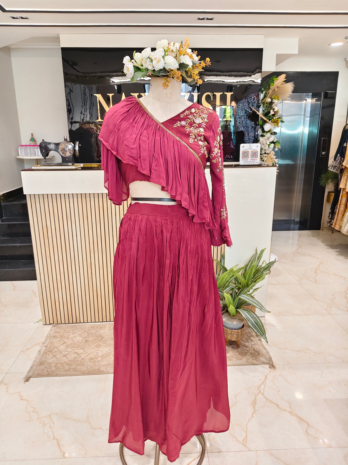 Wine Ruffle Palazzo Set