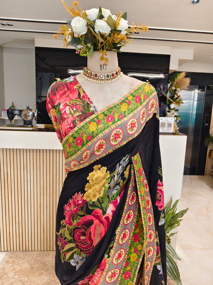 Black Floral Silk Saree
