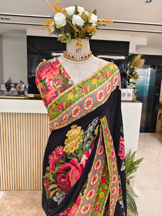 Black Floral Silk Saree