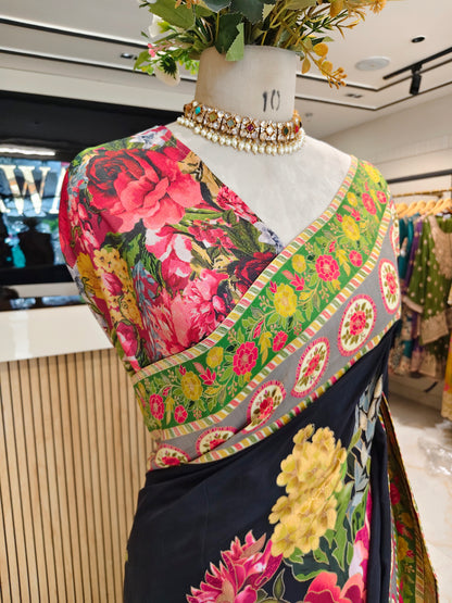 Black Floral Silk Saree