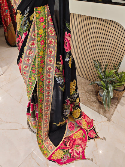 Black Floral Silk Saree
