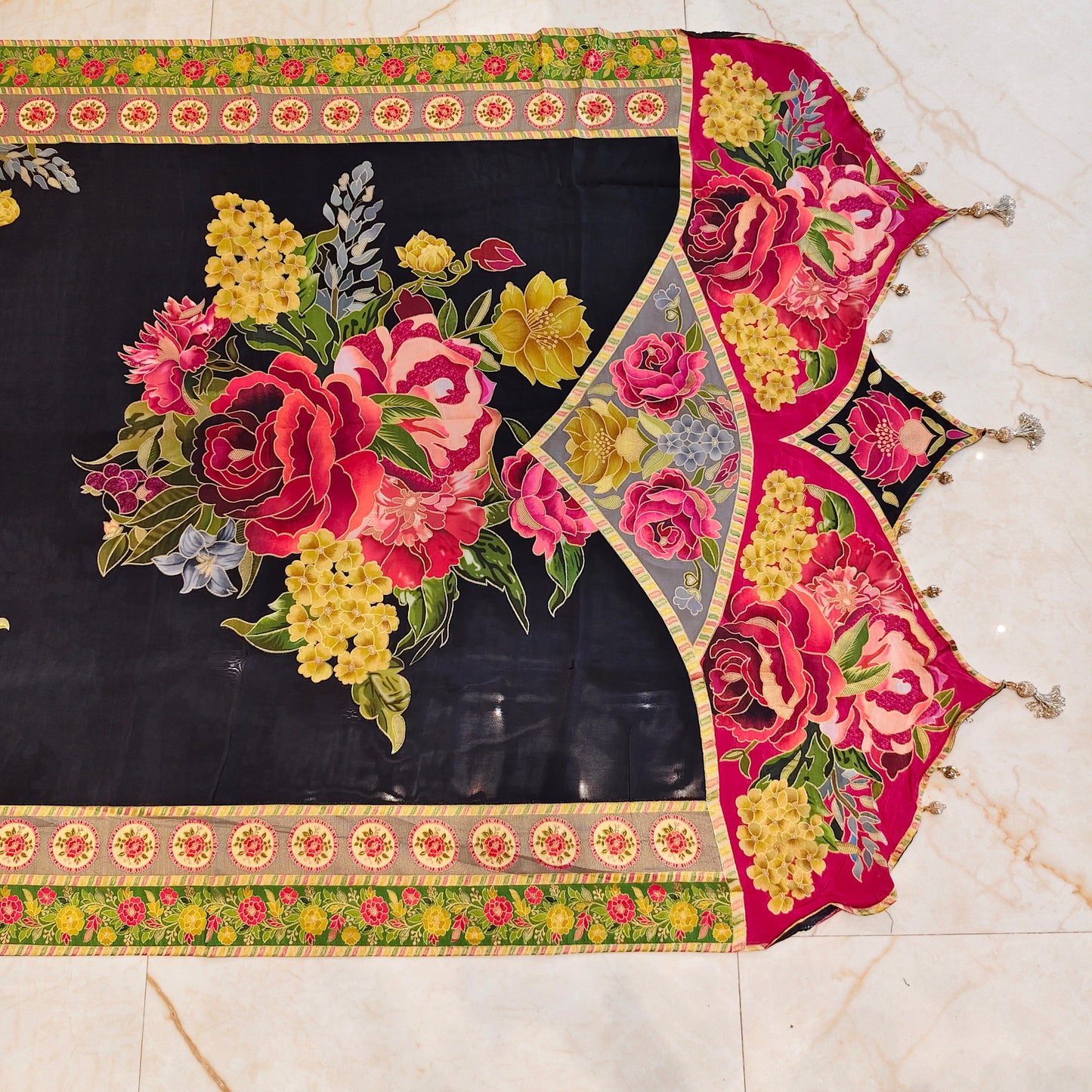 Black Floral Silk Saree