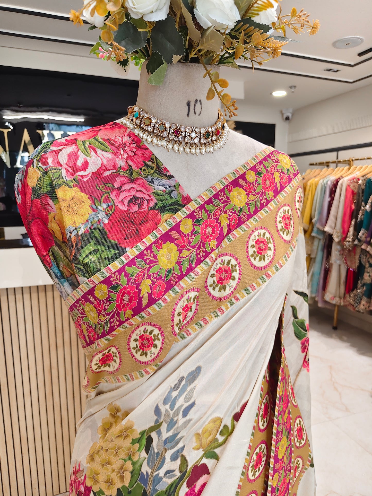 Cream & Red Floral Silk Saree