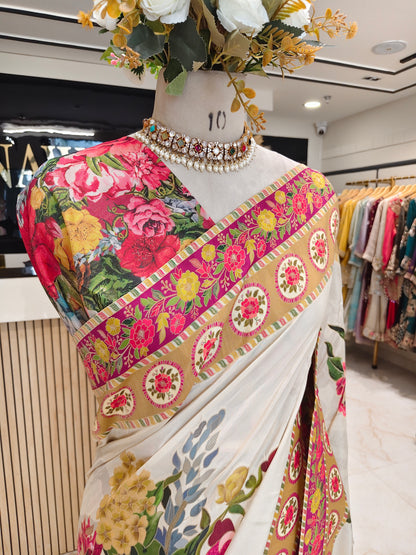 Cream & Red Floral Silk Saree