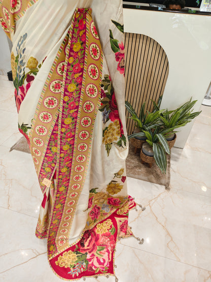 Cream & Red Floral Silk Saree