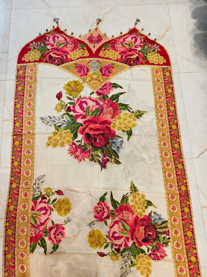 Cream & Red Floral Silk Saree