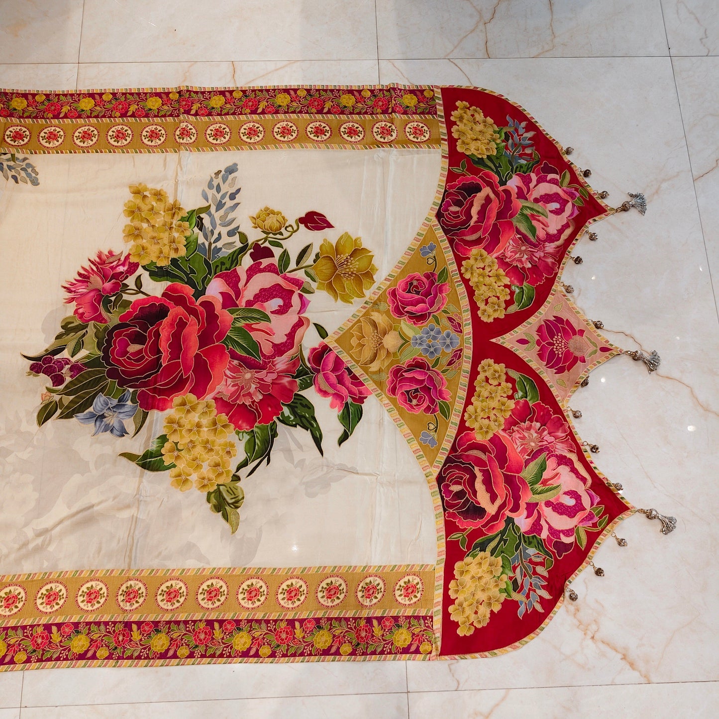 Cream & Red Floral Silk Saree