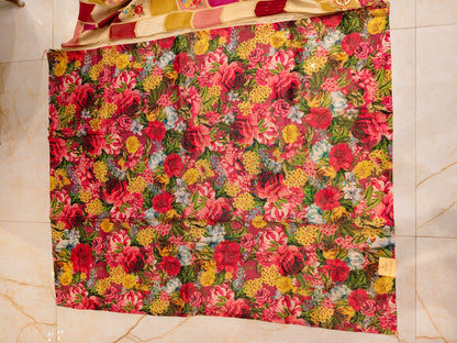 Cream & Red Floral Silk Saree