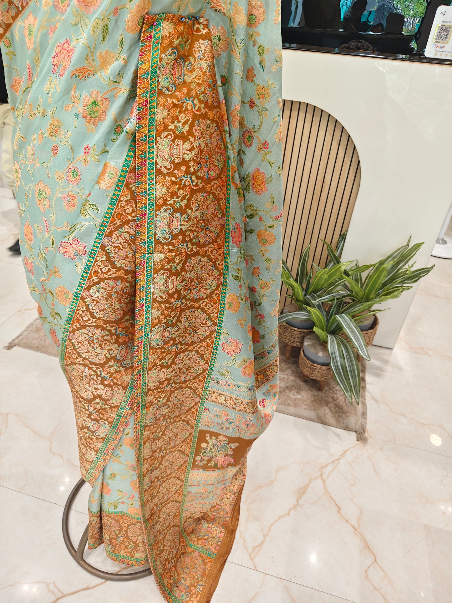 Rust & Sea Green Modal Crepe Saree
