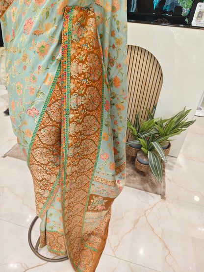 Rust & Sea Green Modal Crepe Saree