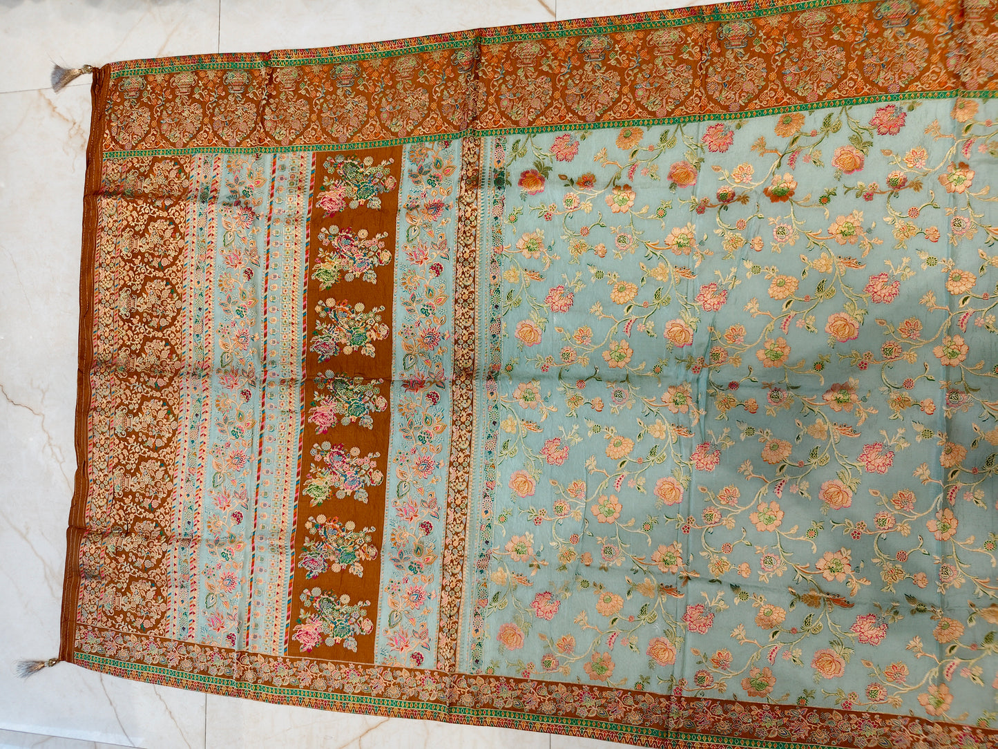 Rust & Sea Green Modal Crepe Saree