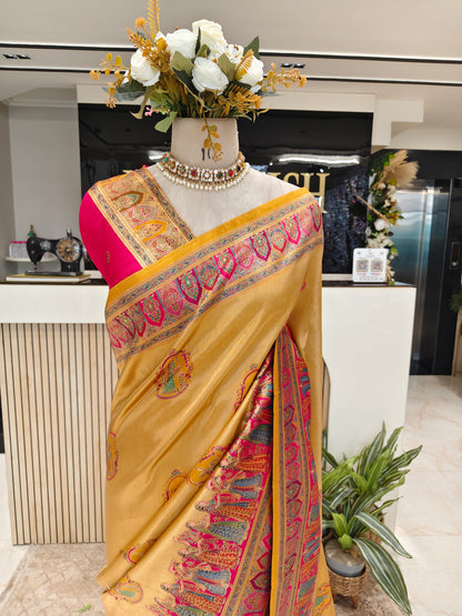 Mustard & Rani Pink Tissue Saree