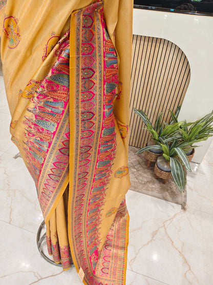 Mustard & Rani Pink Tissue Saree