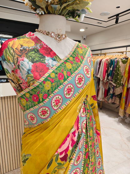 Mustard Floral Silk Saree