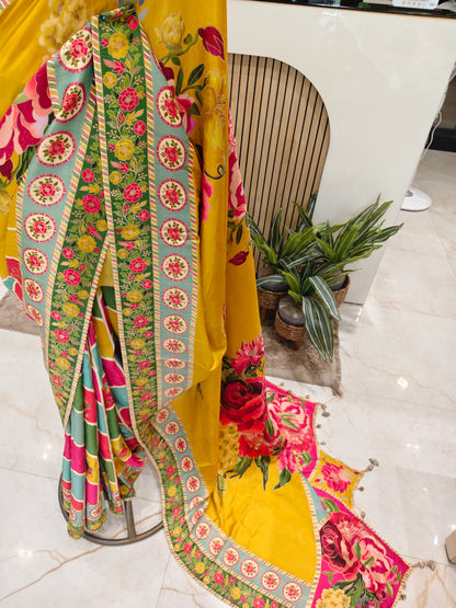 Mustard Floral Silk Saree