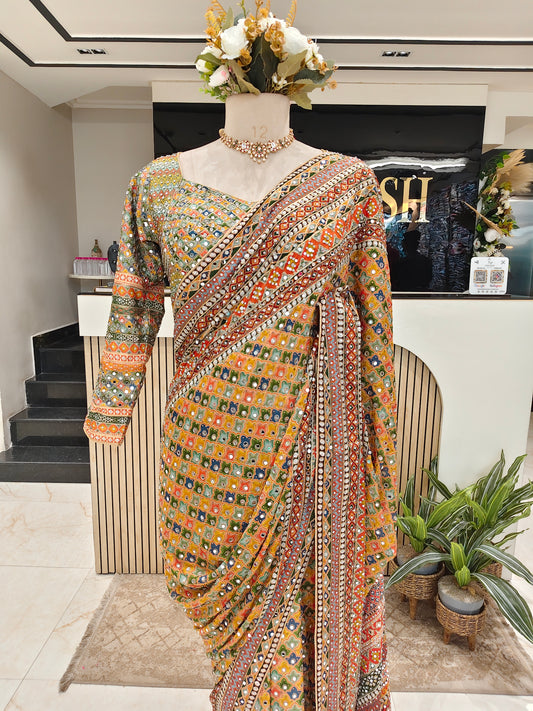 Yellow Mirror Work Chiffon Saree