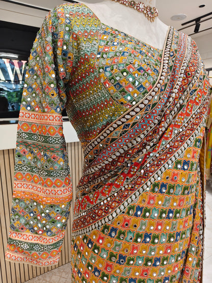 Yellow Mirror Work Chiffon Saree