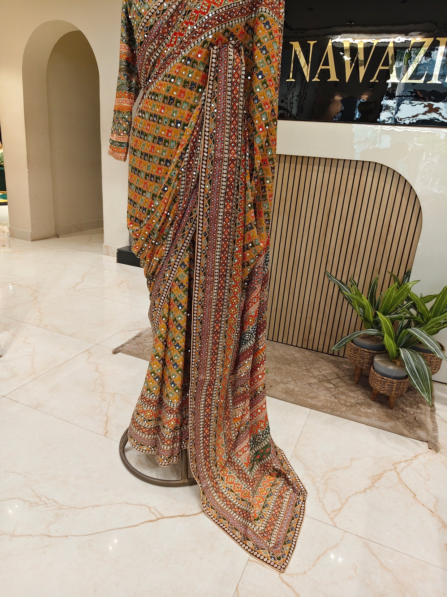 Yellow Mirror Work Chiffon Saree