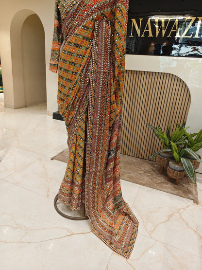 Yellow Mirror Work Chiffon Saree
