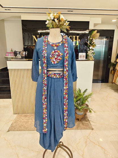 Dust Blue Drape Dhoti Set