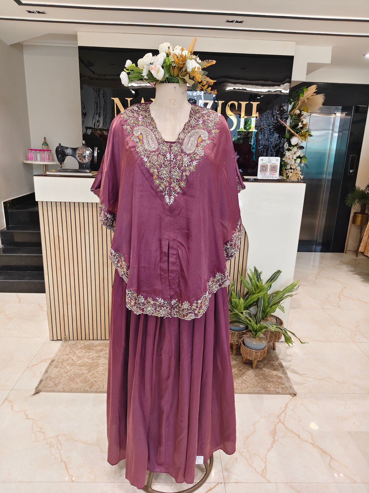 Wine Handwork Skirt Set