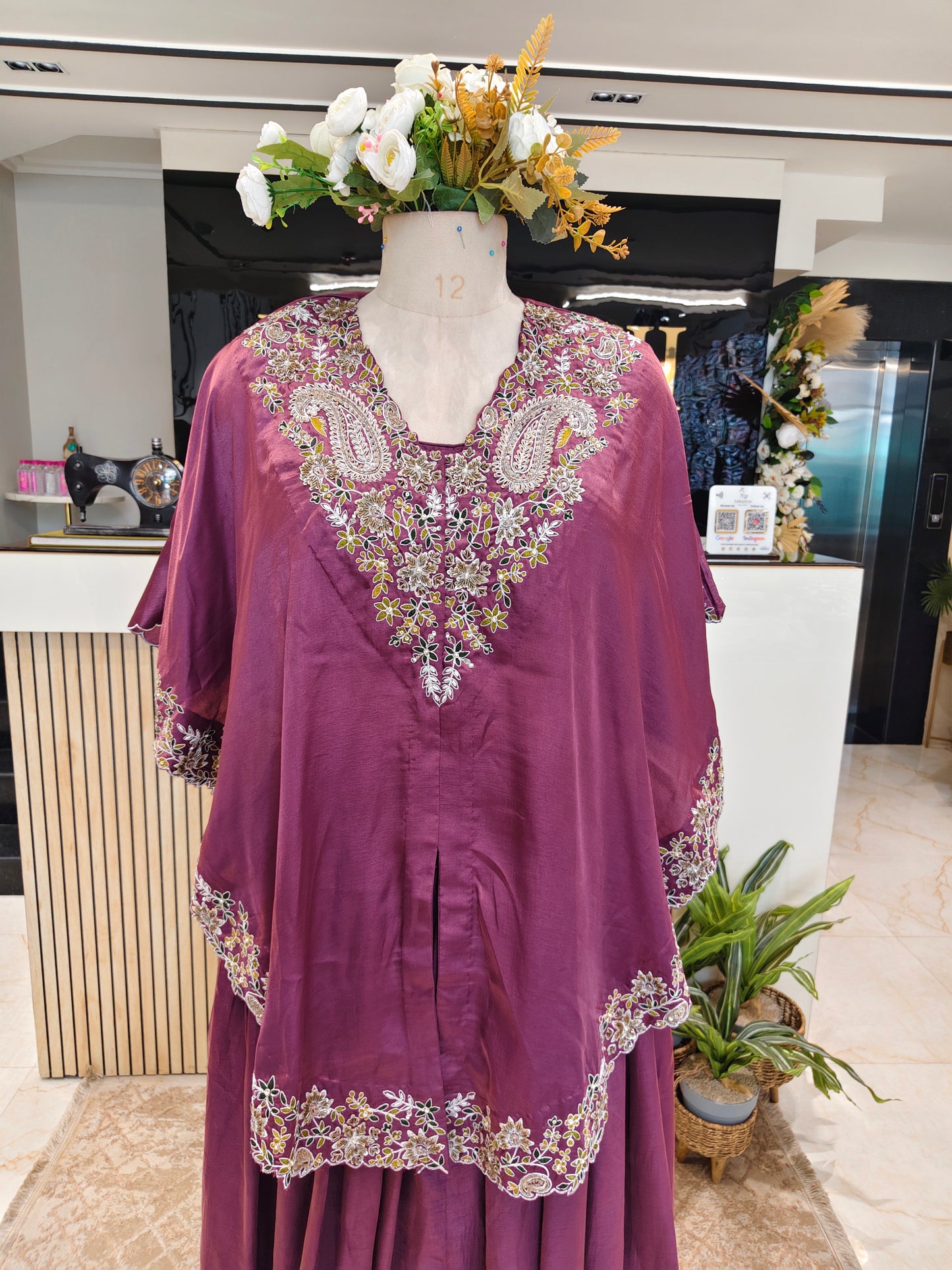 Wine Handwork Skirt Set