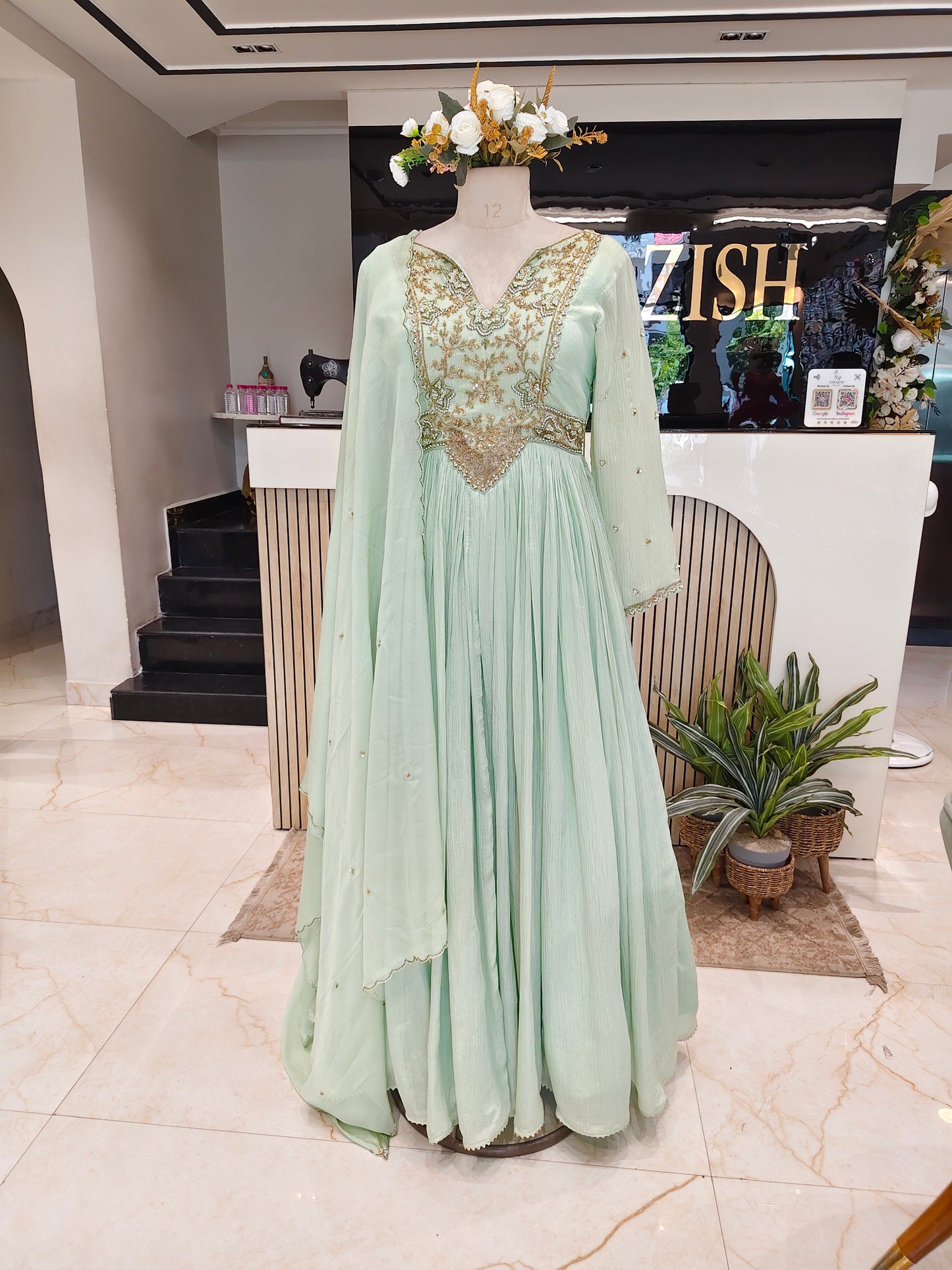 Pista Green Tissue Anarkali