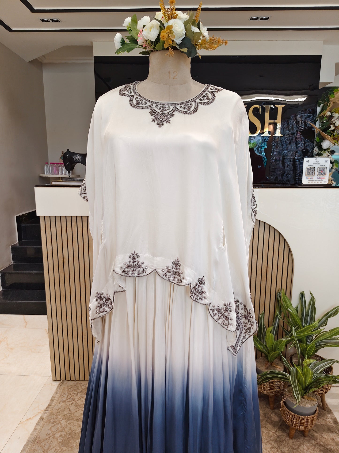 Cream & Blue Handwork Anarkali