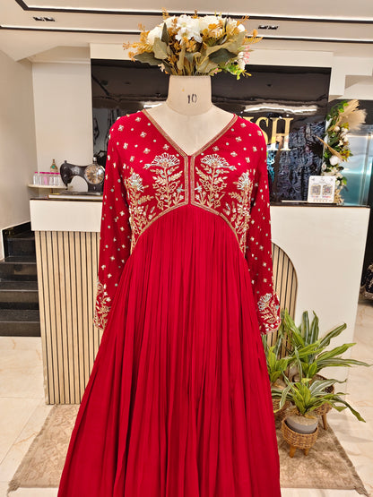 Red Chiffon Anarkali Set